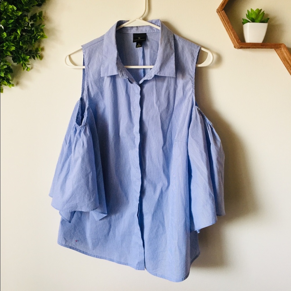 Worthington Blue Striped Cold Shoulder Top - Picture 2 of 7